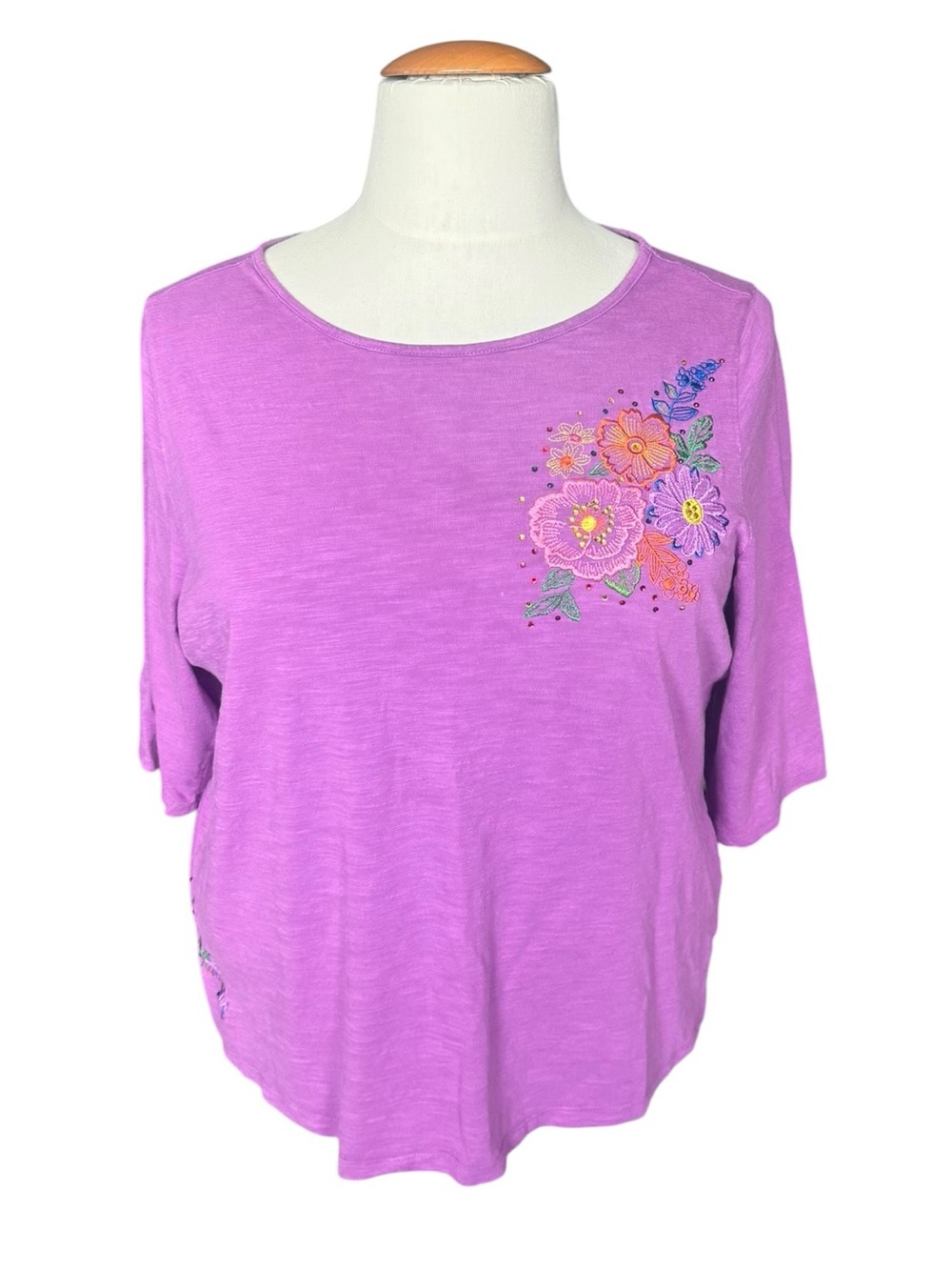 Quacker Factory Jeanne Bice Embroidered Floral Top 2X Boho Cottagecore Purple